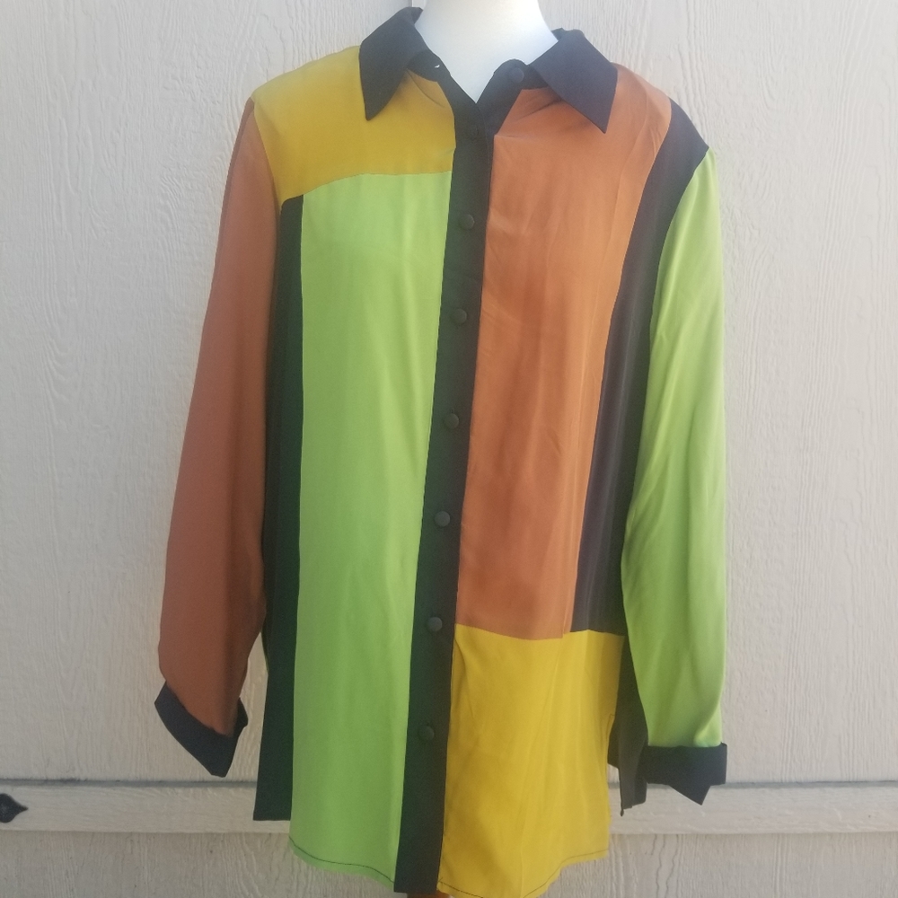 Bob Mackie Silk Colorblock Pattern Blouse 1X